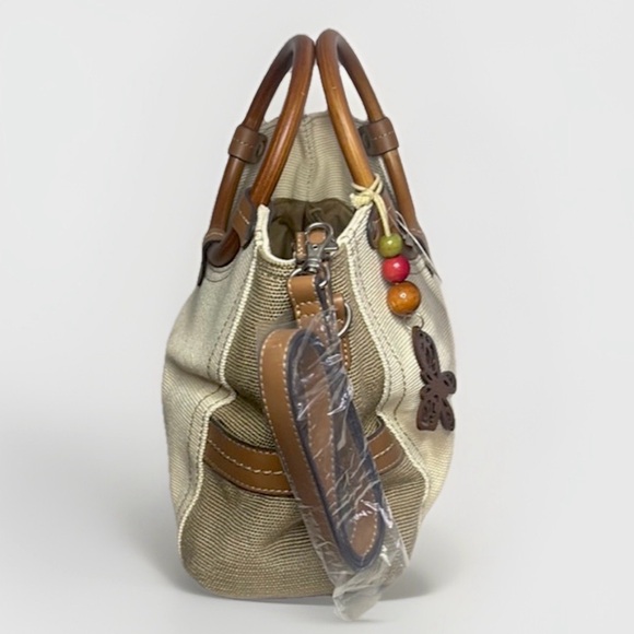 Relic Handbag Canvas Boho Wooden Handles Wood Butterfly Accent - Picture 3 of 8